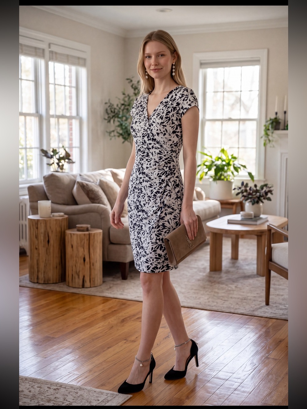 Joseph Ribkoff Monochrome Leaf Pattern Designer Midi Dress Black -White R- $260 - Picture 1 of 8